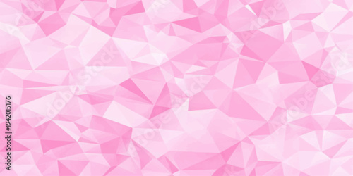An abstract pink geometric background features a mosaic pattern of triangle shapes and crystal textures in a purple gradient vector illustration for a modern web design backdrop