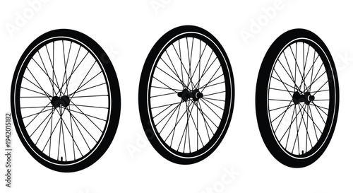 Three bicycle wheels arranged in a row black silhouette