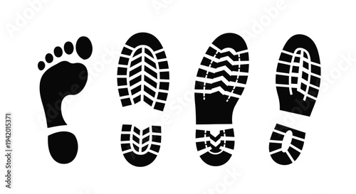Four different shoe and barefoot prints displayed as a black silhouette
