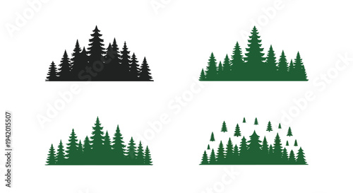 Four arrangements of coniferous trees displayed as a graphic silhouette
