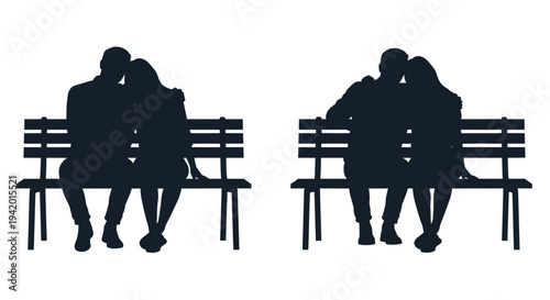 Couple seated on a park bench repeated twice in black silhouette
