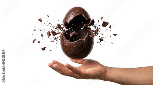 Easter eggs concept with chocolate egg floating above a hand