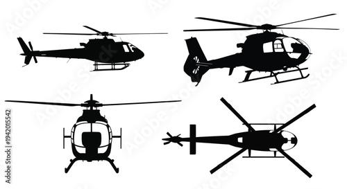 Four views of a helicopter depicted in stark black silhouette