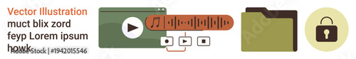 Digital security, content management, multimedia storage, access control, data privacy, organization tools. Set of icons a video player, audio bar folder and lock symbol. Digital security