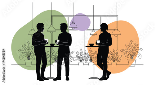 Vector illustration of 3 people in a modern cafe or restaurant setting