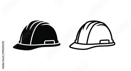 Two construction helmets one black and one white in profile silhouette