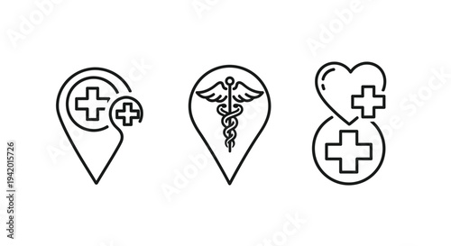 Medical icons featuring a location caduceus and heart with a cross silhouette