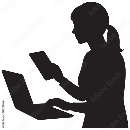 Silhouette of a woman working on a laptop and holding a tablet, symbolizing multitasking and digital connection.