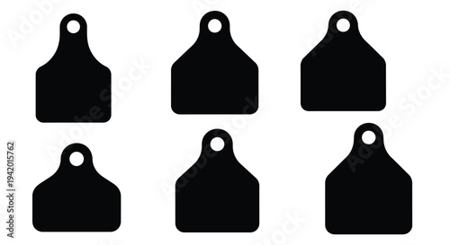 Six black ear tags arranged in a grid simple silhouette
