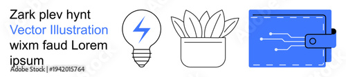 Energy concepts, sustainability, digital finance, technology, eco-friendly design, innovation. A light bulb with a lightning icon, a plant in a pot and a digital wallet. Energy and sustainability