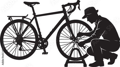 Silhouette of a person fixing a bicycle with tools also transparent background bike repair mechanic