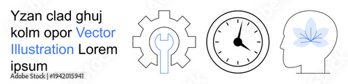 Innovation, mindfulness, productivity, time management, wellness, industrial tools. Gear with wrench, clock head with a leaf. Innovation and mindfulness concepts