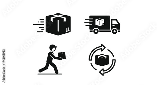 Delivery service icons depicting packages trucks and a courier silhouette