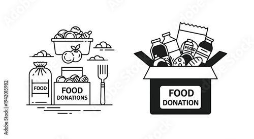 Food donation boxes and produce a charitable giving illustration silhouette