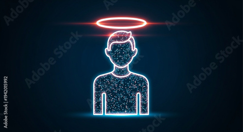 Digital Neon Angel with Halo and Wings Illustration.