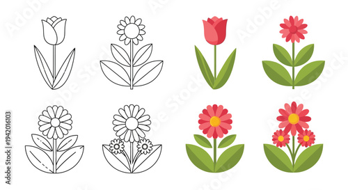 Colorful flower arrangements with varying styles presented as a silhouette