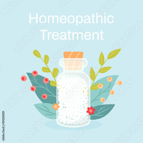 Homeopathy vector illustration. Homeopathic treatment, alternative medicine. Homeopathic grains
globules in glass jar.