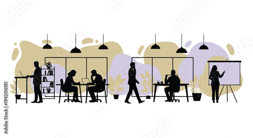 Vector illustration of office workers in modern workspace with silhouettes
