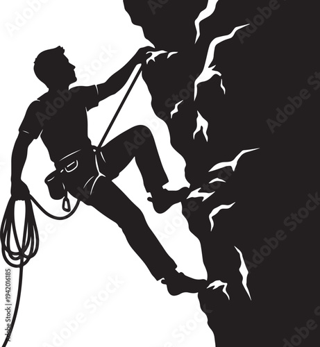 Silhouette of a person rock climbing on a steep cliff with safety gear also transparent background climber