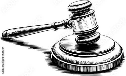 Black and White of a Wooden Gavel and Sounding Block a White Background justice court