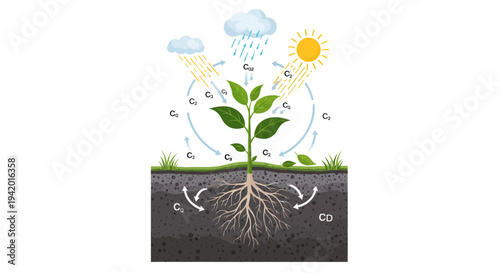 Plant absorbing carbon dioxide and releasing oxygen in soil ecosystem