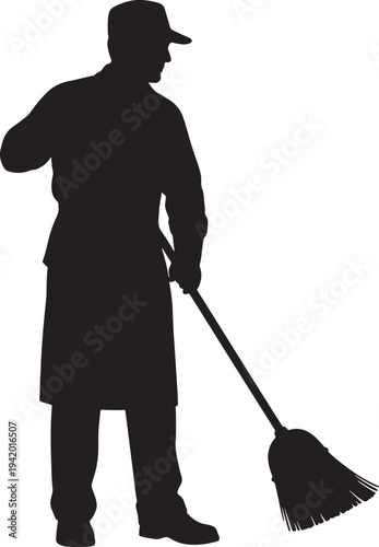 Silhouette of a person wearing an apron and cap holding a broom also transparent background