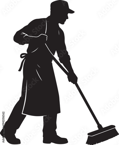 Silhouette of a person wearing an apron and cap sweeping with a broom also transparent background