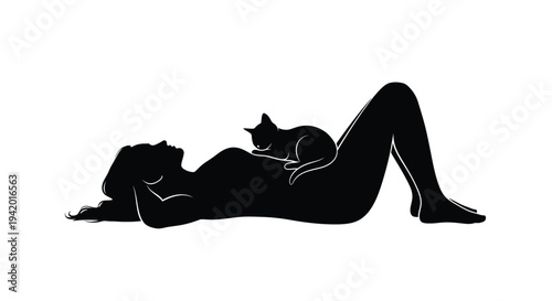 Pregnant woman lying down with a cat a striking silhouette