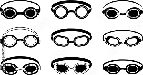 Collection of black and white swimming goggles with straps white background water