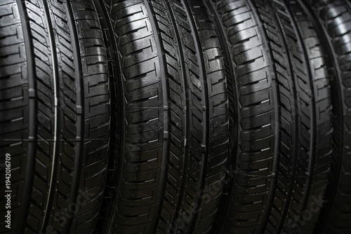 Close-up of a set of summer tires on a car
