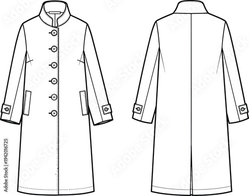 Black and white of a long coat with buttons and pockets