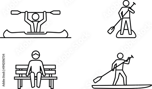 Set of water sports and outdoor recreation icons featuring kayaking, paddleboarding, stand up paddle board, and person sitting on bench.