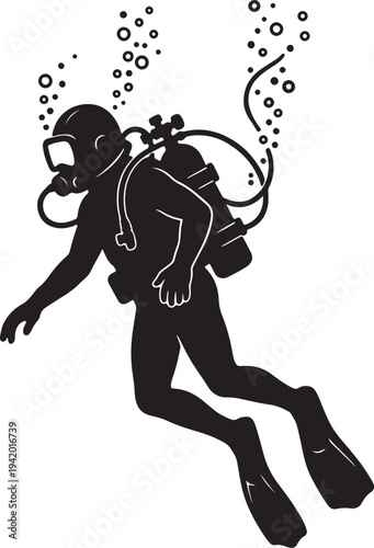 Silhouette of a scuba diver in diving gear with air bubbles also transparent background underwater