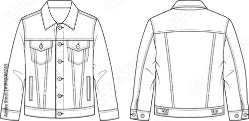 Black and white line of a denim jacket front and back line fashion clothing apparel