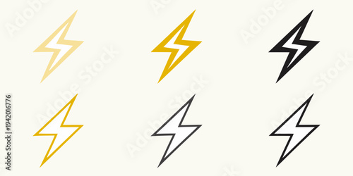 A collection of stylized lightning bolt icons in varying colors and shades
