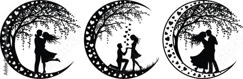 Romantic wedding silhouette set featuring couple under crescent moon with willow tree and hearts for laser cut engagement and marriage