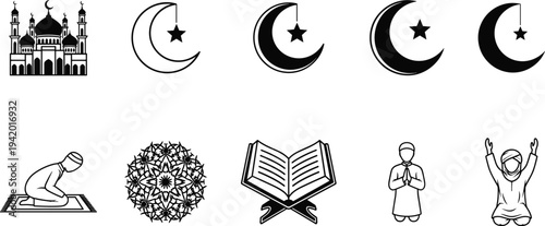 Islamic icon set featuring mosque, crescent moon, Quran, mandala, and praying people silhouettes for Ramadan Kareem and Eid Mubarak holiday designs