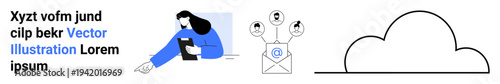 Digital technology, email services, data storage, cloud computing, online messaging, remote access. Graphic showing a figure, envelope icons and cloud symbol. Email services and data storage concept