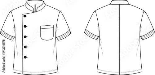 Black and white of short sleeved chef coat with buttons and pocket