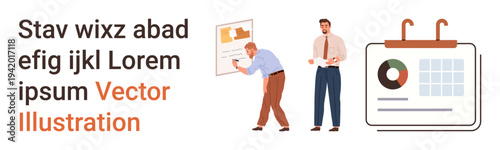 Business strategy, teamwork, office planning, presentation, workplace collaboration, agenda setting. Two professionals with charts and calendar icons. Business strategy and teamwork concept