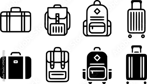 Collection of luggage and backpack in black and white outline and solid fill styles