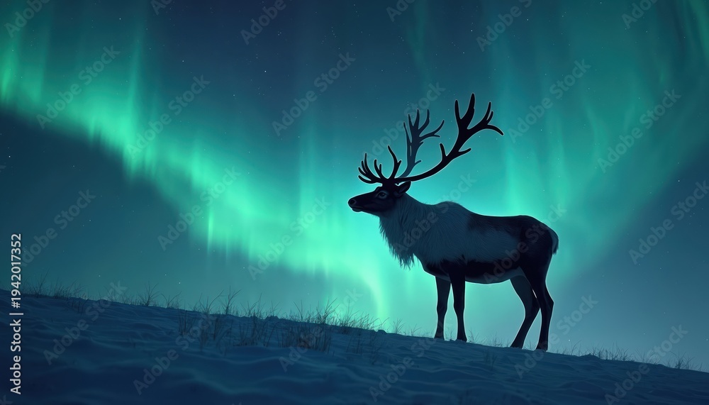 Naklejka premium Reindeer stands on snowy hill under green northern lights sky. Stag with large antlers gazes into distance. Wild animal in cold winter arctic landscape. Aurora borealis shines brightly.
