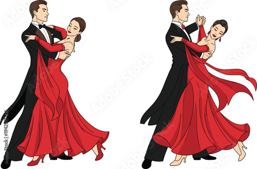 Elegant ballroom dancing couple vector illustration set featuring man in tuxedo and woman in red dress performing passionate tango dance steps