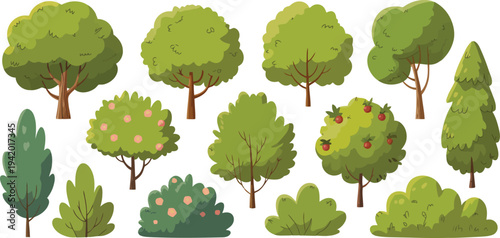 A vibrant assortment of cartoon trees and green bushes displaying various shapes and some colorful fruits
