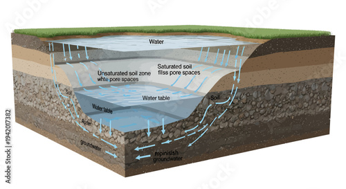 Groundwater flow through soil layers with water table and saturated zones