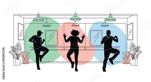 Vector illustration of 3 people dancing in a cafe interior
