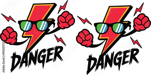 Pair of Cartoon Lightning Bolt Mascots with Sunglasses and Clenched Fists and Danger Text for High-Energy Electrical Safety Branding