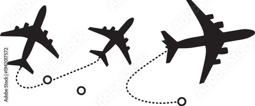 Three black airplanes with dotted flight paths in white background also transparent background dotted lines