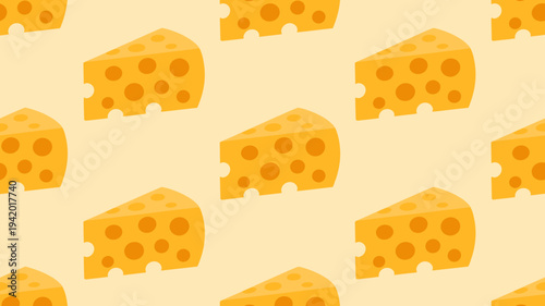 Seamless pattern of Swiss cheese wedges with holes a pale yellow background food