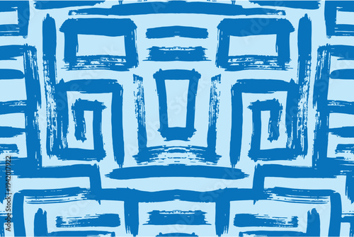 Abstract greek key pattern with blue brush strokes on light background seamless wallpaper